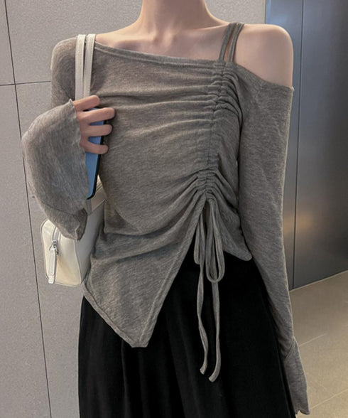 ワンオフショルダーTシャツギャザー 長袖 肩出しドロストtシャツ レディース リボンタイトTシャツ肩あき セクシートップス お洒落 アンバランスヘムtシャツ 薄手 90CHENXINI-021